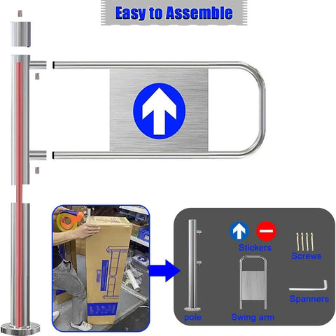 Heavy Duty Rock Solid Spring Loaded Swing Gate With No Hassle Auto Close Mechanism, Left Post Mount Metal Security Barrier For Shopping Centers And Libraries with assembly parts and installation guide.