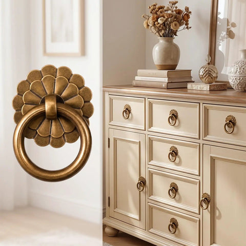 Six Piece Antique Brass Cabinet Ring Pulls Bringing A Flat Out Vintage Drop Ring Vibe To Your Kitchen Cabinets, detailed view on dresser.
