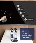 Screen Cleaner Spray Kit With Gel For All Electronics Streak Free Dope Clean Non Drip Formula Works On TV Laptop Computer And Phone Touchscreens Includes Two 250ml Bottles Two Sprayers Microfiber Cloth And Glass Wipe with hand wiping TV screen clean, removing oil, mud, dust, stains, and fingerprints.