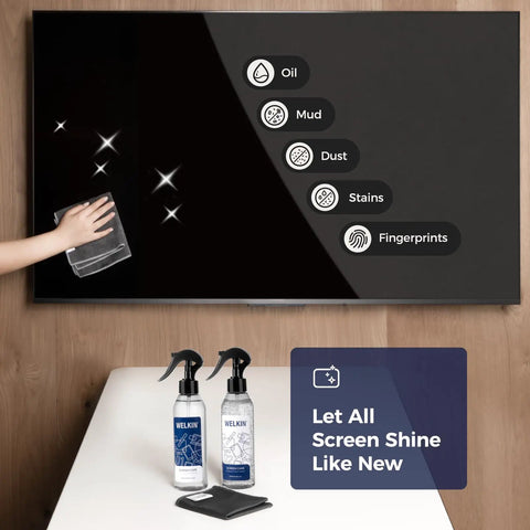 Screen Cleaner Spray Kit With Gel For All Electronics Streak Free Dope Clean Non Drip Formula Works On TV Laptop Computer And Phone Touchscreens Includes Two 250ml Bottles Two Sprayers Microfiber Cloth And Glass Wipe with hand wiping TV screen clean, removing oil, mud, dust, stains, and fingerprints.