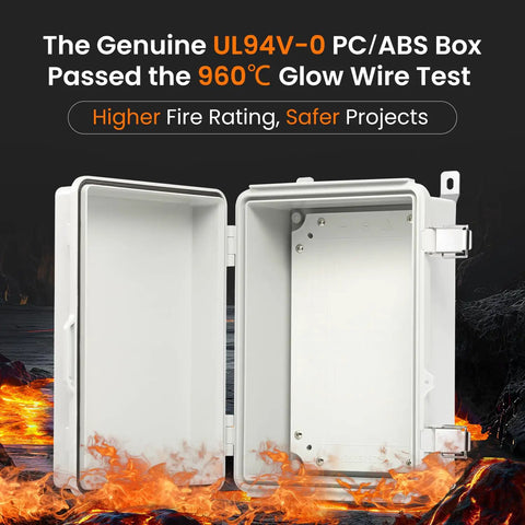 Outdoor Electrical Junction Box Waterproof Weatherproof Enclosure IP66 UL94-V0 Rated 13.8 By 9.9 By 5.9 Inches Grey Hinged Door Durable PC-ABS Alloy Plastic For Weatherproof Projects with open door showing interior and fire-resistant environment