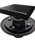 Premium 6 Inch Square Shower Drain With Slick Matte Black Polish And Heavy Duty 304 Stainless Steel Frame Built For Tile Bathrooms Featuring Reliable Hair Catcher Insert Hassle Free Setup Kit view from above showing drain cover and base.