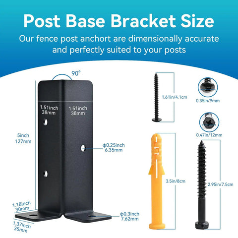 Adjustable Deck Post Anchor Base Brackets For 1.5x1.5 To 4x4 Wood Posts Kit shown with dimensions and hardware components