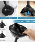 Two Pack Heavy Duty Toilet Plunger With Wall Mount Holder Commercial Grade Rubber Cup For Fast Clog Clearing and Reliable Bathroom Rescue Got Your Back Ready To Stash Anywhere At Home Or Rental Property Solid Setup No Fuss Daily Use shown in use on toilet and sink.