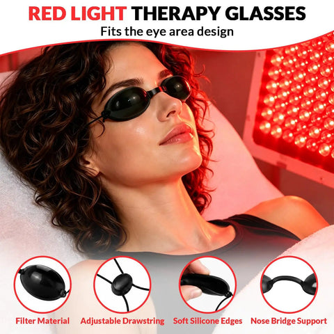 Straight Up The Best Red Light Therapy Glasses With Half Clear Lenses Offer Top Shelf Eye Protection For Tanning Beds By Blocking UV And Infrared Waves While Giving You Solid Coverage And Zero Fuss During Every Session, model wearing sleek black glasses with soft silicone edges, adjustable drawstring.
