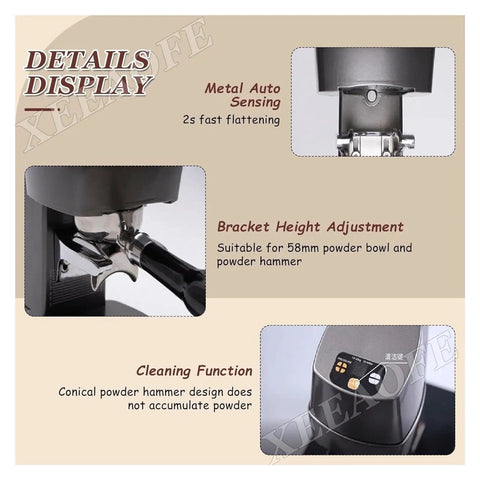 Automatic Electric Coffee Tamper For 58mm Portafilter Adjustable Espresso Presser Machine White Screw Base details on adjustment and cleaning features.