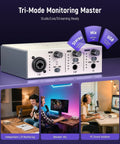 Tri-mode monitoring USB C Audio Interface for Recording, Streaming and Podcasting with 2 Channel XLR, silver model.