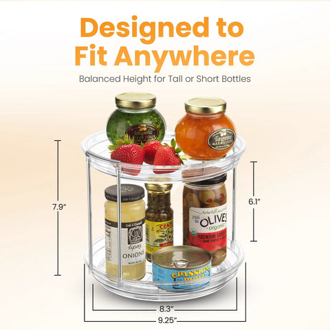 Clear Two Tier Lazy Susan Organizers Two Pack With Effortless Smooth Spin Turntable silent revolving base with jars and fruits.