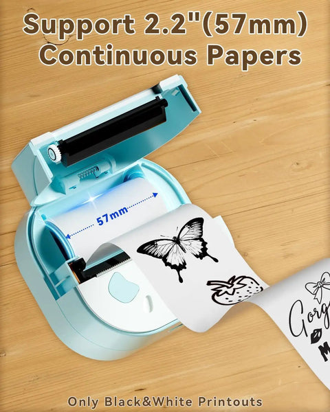 Bluetooth Sticker Printer Mini Portable Sticker Maker With 3 Roll Paper Inkless Thermal Printing For iPhone Notes And Journals DIY Crafts And Kids Gift On The Go showing printing process with continuous paper.