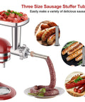 Pro-Grade Meat Grinder And Slicer Shredder Attachments For Stand Mixers with no-fuss sausage stuffer tubes in use