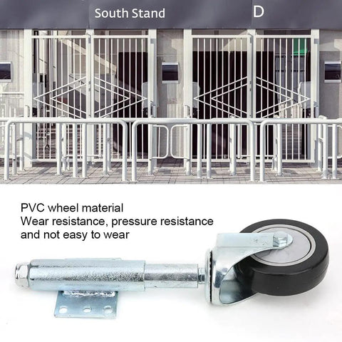 Heavy Duty Spring Loaded Gate Casters Smooth Cruising Wheels For Uneven Driveways Yard Fences Non Slip Pvc Rollers close up with black PVC wheel.