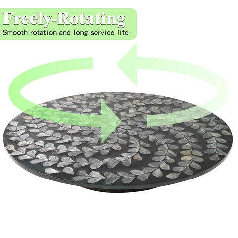 Hecka Smooth 13.4 Inch Round Lazy Susan Countertop Turnable Tray Featuring Mother Of Pearl Center And Black Wicker Boho Pattern with rotating design.