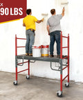 Two men standing on scaffold with 5 Inch Scaffolding Caster Wheels Set Of Four With Dual Locking Swivel Casters And One And A Quarter Inch Square Stem For Stainless Steel Scaffold Tubes Heavy Duty Replacement Castors 1190 Lb Load Capacity Industrial Grade.