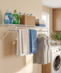 Built Tough Wall Mounted Closet Shelves Featuring Ventilated Heavy Duty Metal Wire Organizers With Sturdy Adjustable Hanging Rods for towels and clothes in laundry room.