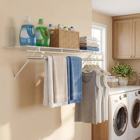 Built Tough Wall Mounted Closet Shelves Featuring Ventilated Heavy Duty Metal Wire Organizers With Sturdy Adjustable Hanging Rods for towels and clothes in laundry room.