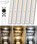 Under Cabinet Lighting Kit With Remote And Touch Switch No Fuss 20 LED USB Rechargeable Dimmable Lights With Timer Three Color Options Cool White Warm White Daylight 6 Pack For Kitchen Pantry Bedroom shown in use.