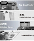 Upscale Semi Automatic Espresso Machine With Built In Grinder And Quick Milk Frother For Straight Up Cafe Quality Shots 85 Oz Removable Tank Solid Stainless Steel Finish showing top cup holder, 2.8L tank, 250g grinding bucket, removable tray.