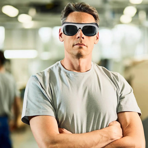 Killer Welding Safety Glasses With Dang Tough Scratch Proof Lens And Boss Level Spark Shield worn by a man in a workshop.