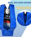 Heavy Duty 57 Gallon Jumbo Moving Bag with wide open zippers showing storage of clothes, blankets, and bedding.