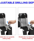 Adjustable drill depth feature on No Fuss Cordless Hinge Drilling Machine shows hand rotating nut for precise depth setting.