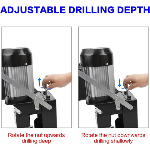 Adjustable drill depth feature on No Fuss Cordless Hinge Drilling Machine shows hand rotating nut for precise depth setting.