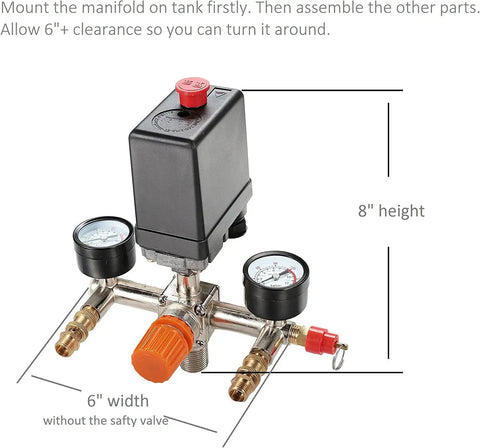 Beefy Air Compressor Pressure Switch With Integrated Gauge Regulator And Adjustable Brass Valves Automatic 120 Psi Shutoff installed with gauges