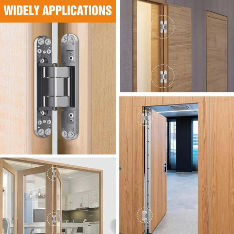 Sleek Six Inch Hidden Door Hinges For Clean Concealed Doors And Invisible Wall Panels With Premium Seamless Hardware and images of installations.