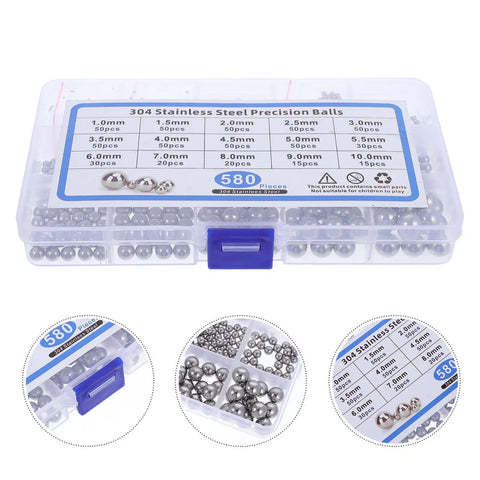 580 Piece Stainless Steel Bearing Balls Assortment Kit Featuring Dead Nuts Accurate Sizing in a clear plastic box with labels.