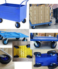 Rock Solid Heavy Duty Swivel And Fixed Caster Set With Smooth Rolling Ball Bearings Includes Hassle Free Mounting Hardware For Hand Trucks And Utility Carts Comes In Multiple Sizes To Handle Heavy Loads No Sweat, featuring blue utility carts with strong wheels.