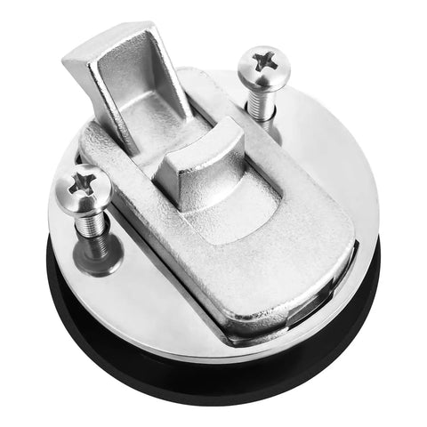Tough As Nails Marine Slam Latch Handles 316 Stainless Steel Flush Deck Hatch Locks For Boats And RV Camper Doors With Slick Polish and Dang Easy Setup Pack Of Two, close-up view showing mounting screws.
