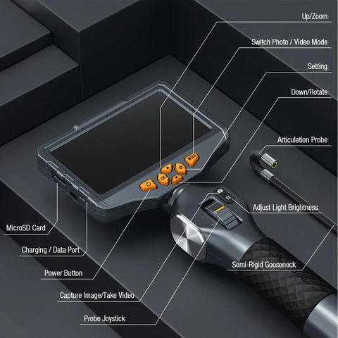 Two Way Articulating Borescope with Light, 5 Inch IPS Endoscope Camera, showing controls and semi-rigid gooseneck probe