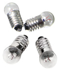 Snag This Slick Ten Pack Of E10 3.8v Warm White Miniature Screw Base Bulbs Ideal For Flashlight Refills And Panel Gauges - E10 bulbs, top view, transparent glass, shiny screw base.