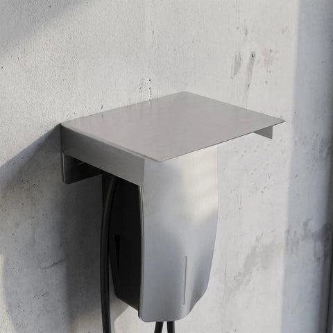 Premium Stainless Steel Outdoor Charger Rain Cover Weatherproof Charging Station Protector on a wall with electric cables.