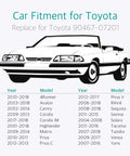 Toyota car fitment guide for models including 4Runner, Camry, Highlander, Avalon, Corolla, and more; replace Toyota 90467-07201.