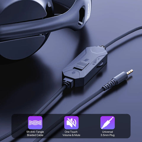 Close-up of Ultra Lightweight Wired Gaming Headset with anti-tangle braided cable and 3.5mm plug for Xbox Series X S PS5 PS4 Switch and PC