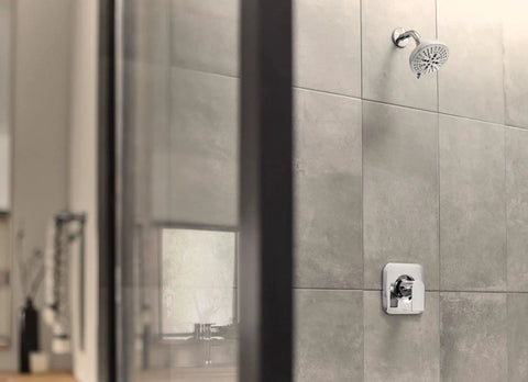Bathroom with Eight Function Showerhead With High Pressure Massage Modes, Chrome Finish on tiled wall, 5 inch diameter spray head view