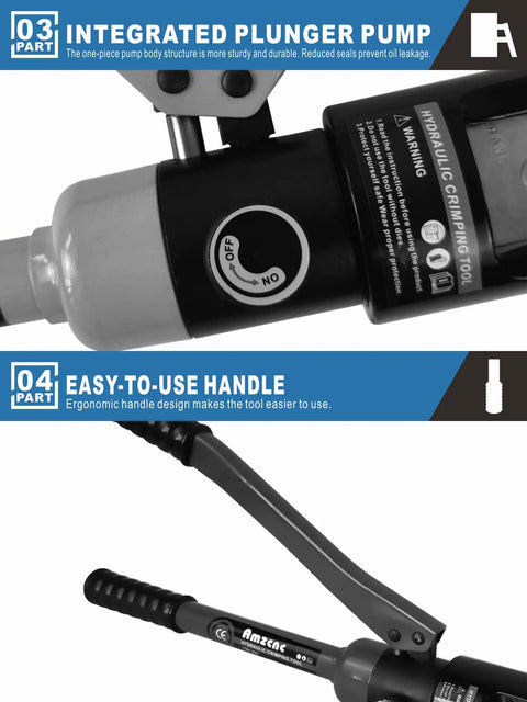 Close-up of 12 Ton Hydraulic Wire Crimper With 10 Die Set For Battery Cable Lugs showing integrated plunger pump and handle.