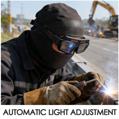 Solar Powered Auto Darkening Welding Glasses With Killer Panoramic View And Super Comfy Wraparound Fit For Top Shelf Eye Protection On Any Heavy Duty Metal Work Or Weekend Garage Build on a welder's face during fabrication.