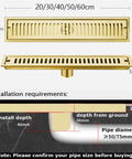 Rock Solid Gold Linear Shower Drain 60Cm Stainless Steel Rectangle Floor Grate showing dimensions and installation requirements.