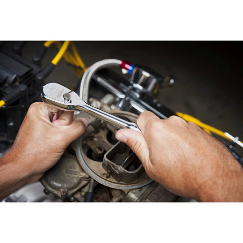 Using Three Eighths Inch Drive Flex Head Teardrop Ratchet With 120XP, 60-Tooth Gear for precise fastening in engine