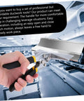 Person using Beefy Multi-Functional Hand Seamer Tool With Electric Edge Folding Pliers for HVAC sheet metal bending in a workshop.
