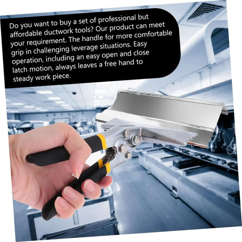 Person using Beefy Multi-Functional Hand Seamer Tool With Electric Edge Folding Pliers for HVAC sheet metal bending in a workshop.