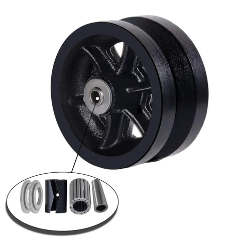 Rock Solid Reinforced 6X2 Inch V Groove Wheel Cast Iron Roller With Pre Installed Bearing Set Of 2 For Slide Gates Rollup Door Seven Eighth Inch Groove V Track 2000 Lb Capacity Black Pack close-up of wheel with bearing.