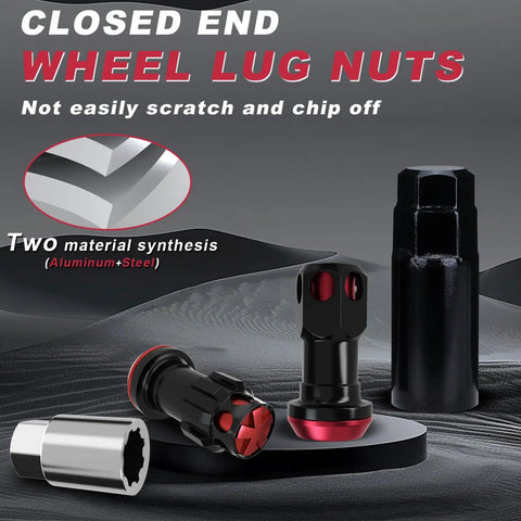 Heavy Duty Wheel Lug Nuts With Anti Theft Locks For Cars, closed end lug nuts, aluminum and steel materials, secure tire mounting.
