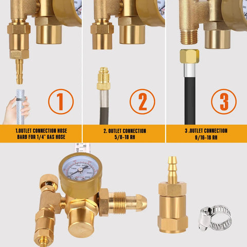 Pro Grade Argon CO2 Gas Regulator Flow Meter With 6.8 Foot Hose showing outlet connections and flow gauge details