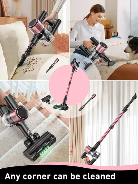 Cordless Vacuum Cleaner 8 In 1 With Beastly 45KPa Suction in action, pink, cleaning pet hair and carpets, detachable parts shown