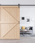 Solid Spruce Wood Sliding Barn Door 54X84 with smooth gliding tracks, enhancing a modern interior with farmhouse style.