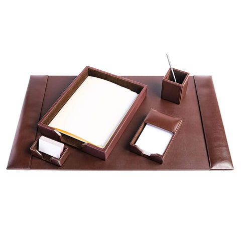 Bonded Leather Desk Set With Luxury Leather Desk Pad And Five Piece Organization Accessories In Dark Brown For A Boss Level Office Vibe