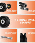 Heavy Duty Cast Iron V Groove Roller Wheels Rock Solid Industrial Casters With Precision Ball Bearings 2400 Lbs Load Capacity For Sliding Gates And Overhead Track Rails Smooth Glide Black 4 Pack showing grease fittings and installation features.