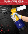 Heavy Duty Pneumatic Rivet Gun With Four Swappable Nozzles For Aluminum Steel Iron Fasteners held against a metal surface.